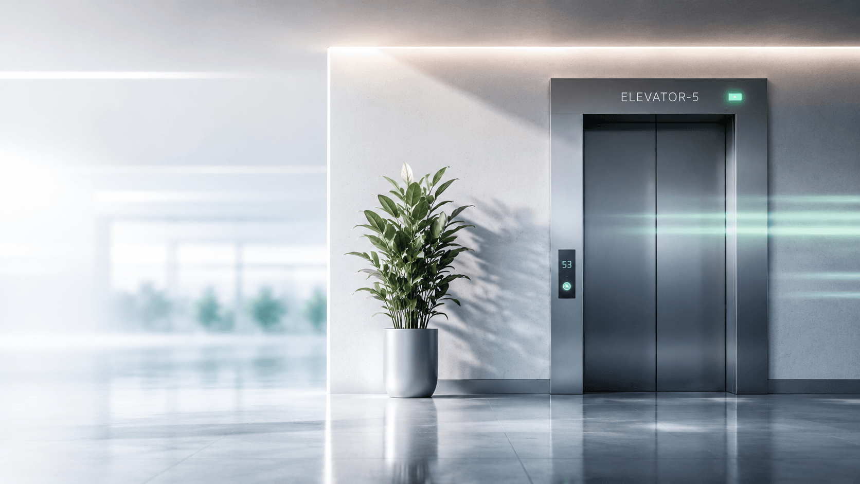 A bright automated elevator lobby with closed metal elevator doors and a translucent building AI interface.